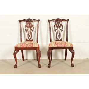 Ethan Allen Chippendale Carved Mahogany Side Chairs or Dining Chairs, Pair