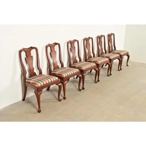 Henkel Harris Queen Anne Solid Cherry Wood Dining Chairs, Set of Six