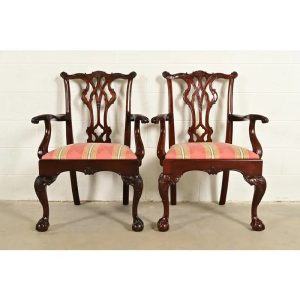 Kindel Furniture Chippendale Carved Mahogany Dining Arm Chairs, Pair