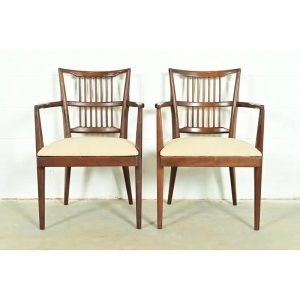 Paul McCobb Style Mid-Century Modern Sculpted Walnut Spindle Back Armchairs, Pair