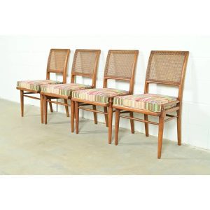 Robsjohn-Gibbings Style Mid-Century Modern Walnut and Cane Dining Chairs by Henredon, Set of Four