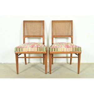 Robsjohn-Gibbings Style Mid-Century Modern Walnut and Cane Side Chairs or Dining Chairs by Henredon, Pair