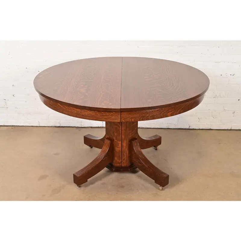 Stickley Brothers Style Antique Mission Oak Arts & Crafts Pedestal Extension Dining Table, Newly Refinished