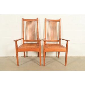 Stickley Style Arts & Crafts Teak and Cane Armchairs, Pair