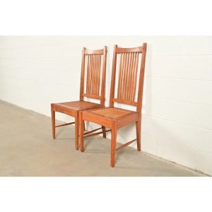 Stickley Style Arts & Crafts Teak and Cane Side Chairs or Dining Chairs, Pair