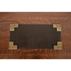 Tiffany Studios New York Bookmark Pattern Bronze Doré and Enamel Blotter Corners With Leather Desk Blotter
