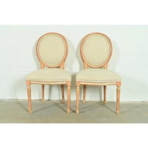 Baker Furniture French Regency Louis XVI Cream and Pink Lacquered Side Chairs or Dining Chairs, Pair