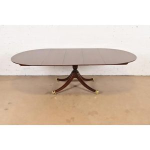 Baker Furniture Georgian Banded Cherry Wood Pedestal Extension Dining Table, Newly Refinished