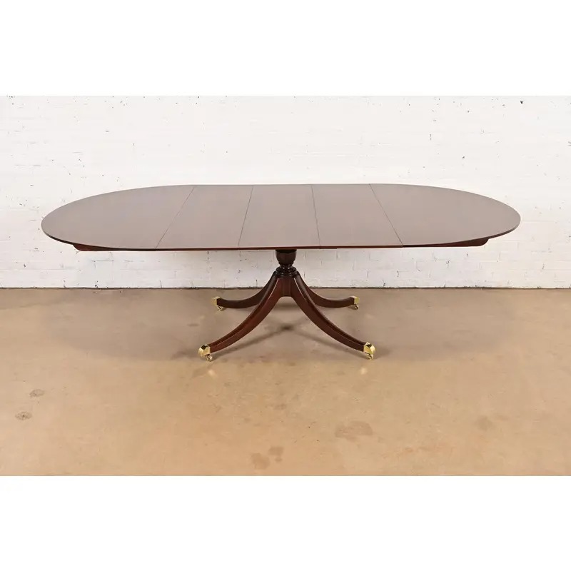 Baker Furniture Georgian Banded Cherry Wood Pedestal Extension Dining Table, Newly Refinished