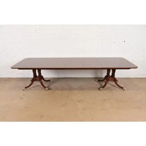 Baker Furniture Historic Charleston Georgian Banded Mahogany Double Pedestal Extension Dining Table, Newly Refinished