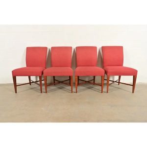 Baker Furniture Modern Regency Sycamore Wood Upholstered X-Base Dining Chairs, Set of Four