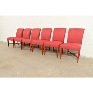 Baker Furniture Modern Regency Sycamore Wood Upholstered X-Base Dining Chairs, Set of Six