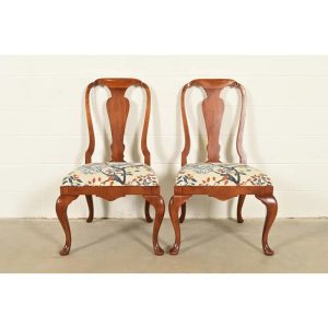 Baker Furniture Queen Anne Carved Walnut Side Chairs or Dining Chairs, Pair