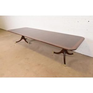Baker Furniture Stately Homes Georgian Banded Mahogany Double Pedestal Extension Dining Table, Newly Refinished
