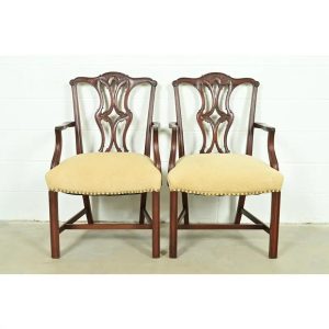 Baker Furniture Style Georgian Carved Mahogany Armchairs or Dining Captain Chairs, Pair