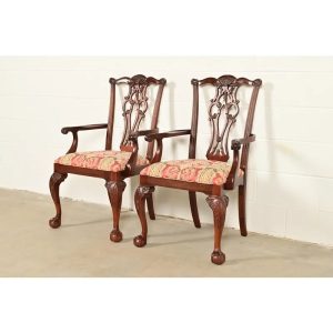 Ethan Allen Chippendale Carved Mahogany Armchairs or Dining Captain Chairs, Pair