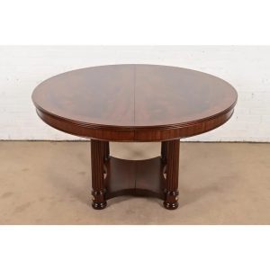 Henkel Harris Empire Banded Flame Mahogany Pedestal Extension Dining Table, Newly Refinished