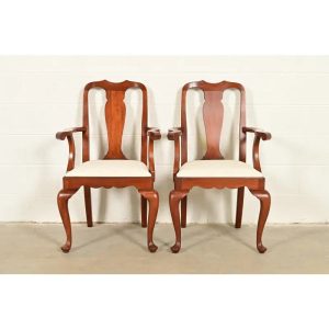 Henkel Harris Queen Anne Solid Cherry Wood Armchairs, Pair