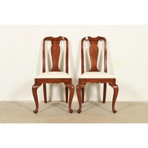 Henkel Harris Queen Anne Solid Cherry Wood Side Chairs or Dining Chairs, Pair