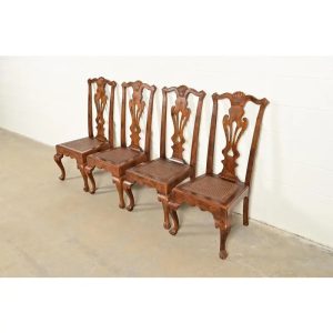 Henredon Georgian Carved Oak and Cane Dining Chairs, Set of Four