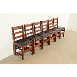 L. & J. G. Stickley Antique Mission Oak Arts & Crafts Ladder Back Dining Chairs, Set of Six