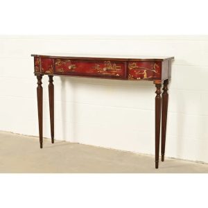 Maitland Smith English Regency Chinoiserie Hand-Painted Red Lacquered Console Table