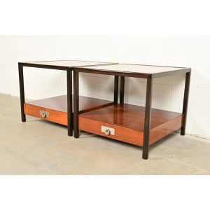 Michael Taylor Hollywood Regency Cherry Wood Nightstands or End Tables, Pair