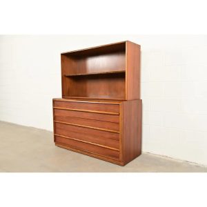 Robsjohn-Gibbings for Widdicomb Mid-Century Modern Sculpted Walnut Chest of Drawers With Bookcase Hutch Top, 1950s
