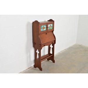 Stickley Brothers Style Antique Mission Oak Arts & Crafts Secretary Desk With Stained Glass Doors, Circa 1900
