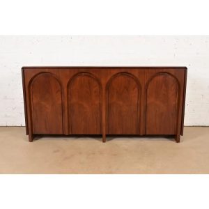 T. H. Robsjohn Gibbings for Widdicomb Sculpted Walnut Colosseum Sideboard Credenza, Newly Refinished