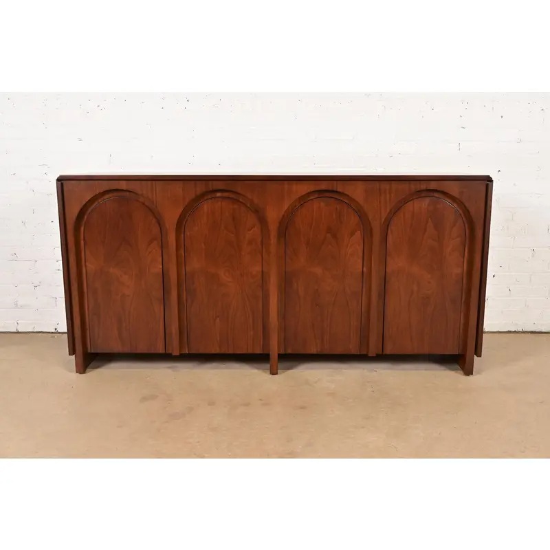 T. H. Robsjohn Gibbings for Widdicomb Sculpted Walnut Colosseum Sideboard Credenza, Newly Refinished