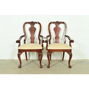 Thomasville Chippendale Carved Cherry Wood Armchairs, Pair