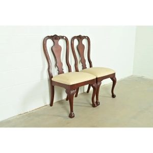 Thomasville Chippendale Carved Cherry Wood Side Chairs or Dining Chairs, Pair