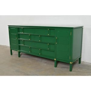 Thomasville Hollywood Regency Chinoiserie Green Lacquered Long Dresser or Credenza, Newly Refinished