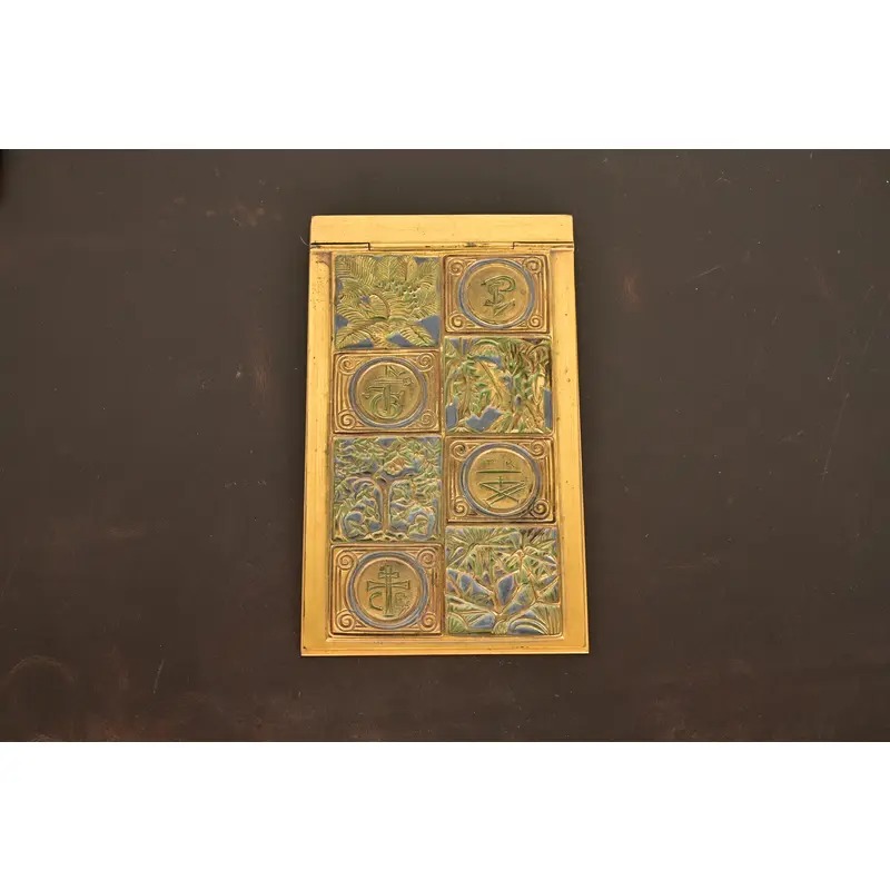 Tiffany Studios New York Bookmark Pattern Bronze Doré and Enamel Notepad Holder