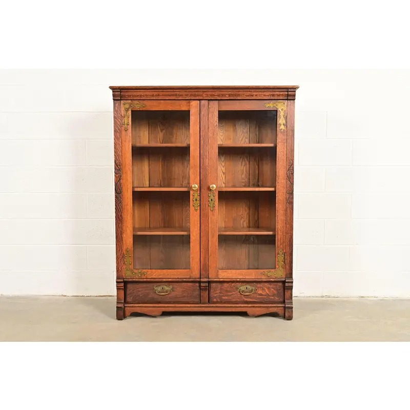 Antique Victorian Carved Oak Two-Door Bookcase, Circa 1890s