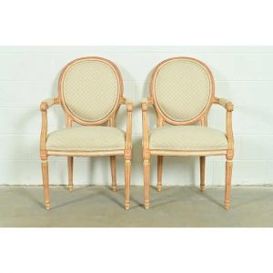 Baker Furniture French Regency Louis XVI Cream and Pink Lacquered Armchairs, Pair