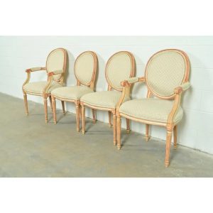 Baker Furniture French Regency Louis XVI Cream and Pink Lacquered Dining Chairs, Set of Four