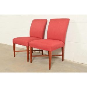 Baker Furniture Modern Regency Sycamore Wood Upholstered X-Base Side Chairs or Dining Chairs, Pair