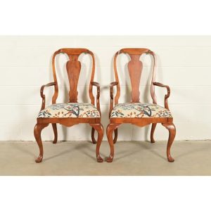 Baker Furniture Queen Anne Carved Walnut Armchairs or Dining Captain Chairs, Pair