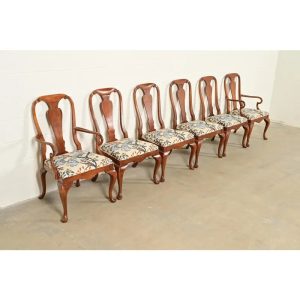 Baker Furniture Queen Anne Carved Walnut Dining Chairs, Set of Six