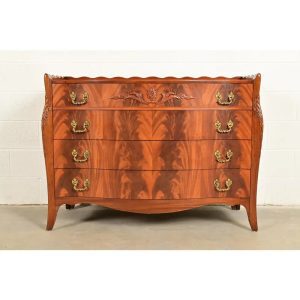 Baker Furniture Style French Regency Louis XVI Flame Mahogany Serpentine Front Chest of Drawers, Circa 1940s