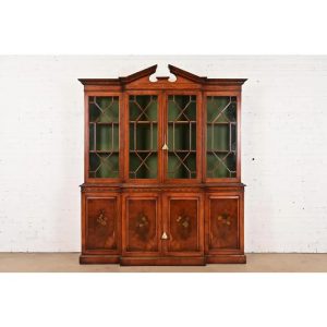 Baker Furniture Style Georgian Carved Mahogany Hand Painted Breakfront Bookcase Cabinet, Circa 1940s