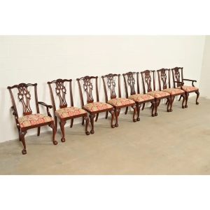 Ethan Allen Chippendale Carved Mahogany Dining Chairs, Set of Eight