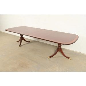 Ethan Allen Georgian Banded Mahogany Double Pedestal Extension Dining Table, Newly Refinished
