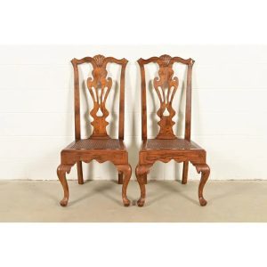 Henredon Georgian Carved Oak and Cane Side Chairs or Dining Chairs, Pair