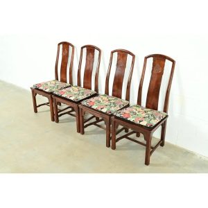 Henredon Hollywood Regency Chinoiserie Sculpted Mahogany Dining Chairs, Set of Four