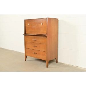 John Van Koert for Drexel Profile Mid-Century Modern Sculpted Walnut Highboy Dresser, 1959