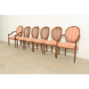 Karges French Regency Louis XVI Carved Walnut Cane Back Dining Chairs, Set of Six