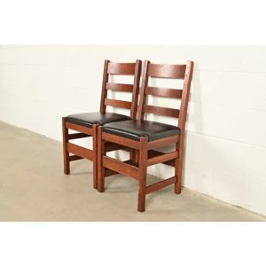 L. & J. G. Stickley Antique Mission Oak Arts & Crafts Ladder Back Side Chairs or Dining Chairs, Pair